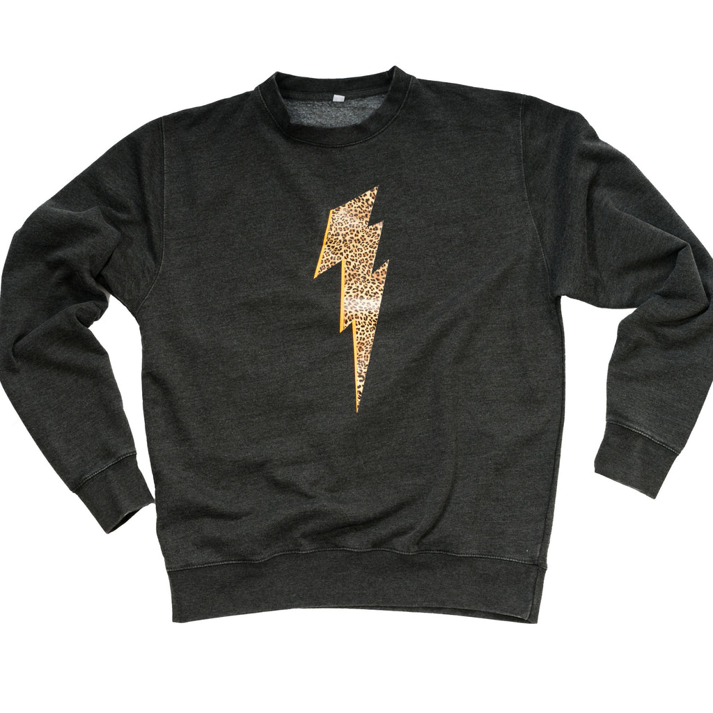 charcoal sweatshirt with leopard lightning bolt