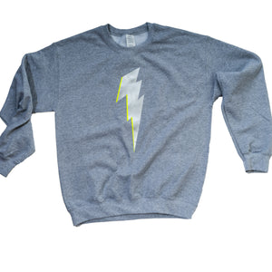 Grey sweatshirt with silver lightning bolt (yellow highlight)