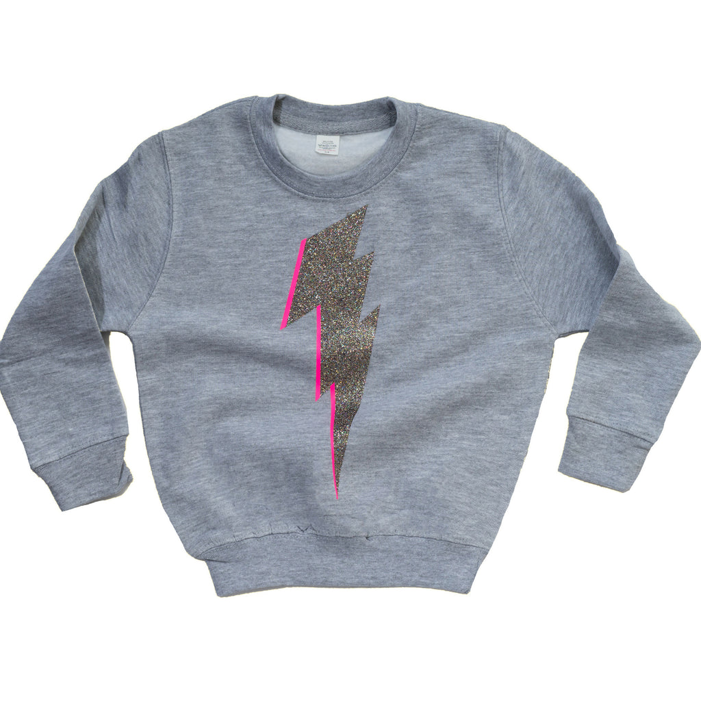 Kids grey sweatshirt with glittery lightning bolt (pink highlight)