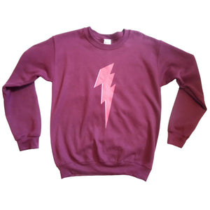 plum sweatshirt with pink lightning bolt 